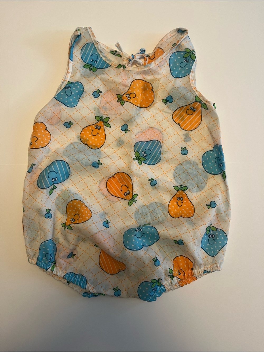 Vintage Baby Bubble Romper in Blue & Orange Fruit Print